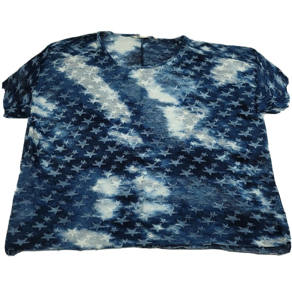 Soft Surroundings Womens L XL Tunic Tie Dye Star Print Top Burnout‎ Sheer Blue